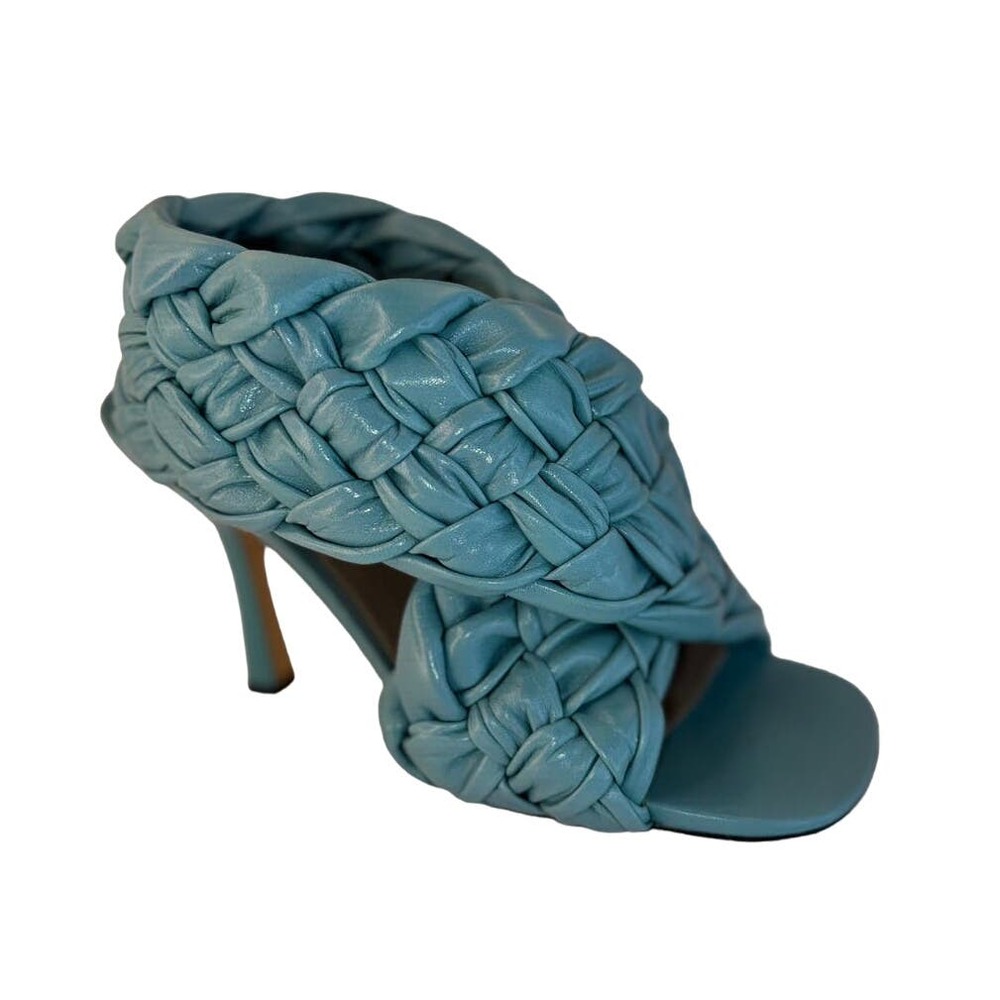 Bottega Veneta Braided Leather Heels Sandals Turquoise Sky Blue Size 36.5 EU